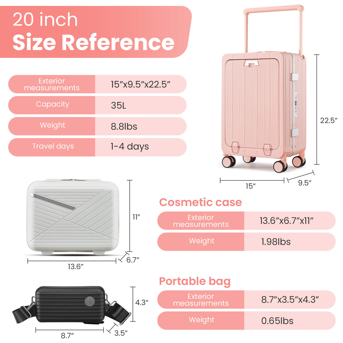 Versatile Aluminum Frame Carry-On Luggage with USB Charging Port, Front Compartment, TSA Lock, Airline Approved Carry On Hardside Suitcase with Spinner Wheels(Pink, 20-lnch)