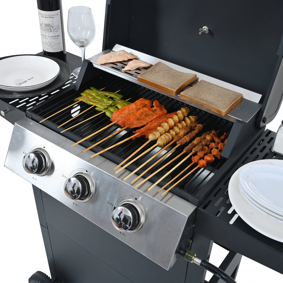 Propane Gas Grill 4 Burner Barbecue Grill, Stainless Steel 34,000 BTU Patio Garden Barbecue Grill with Two Shelves, Lid, Wheels and Bottle Opener