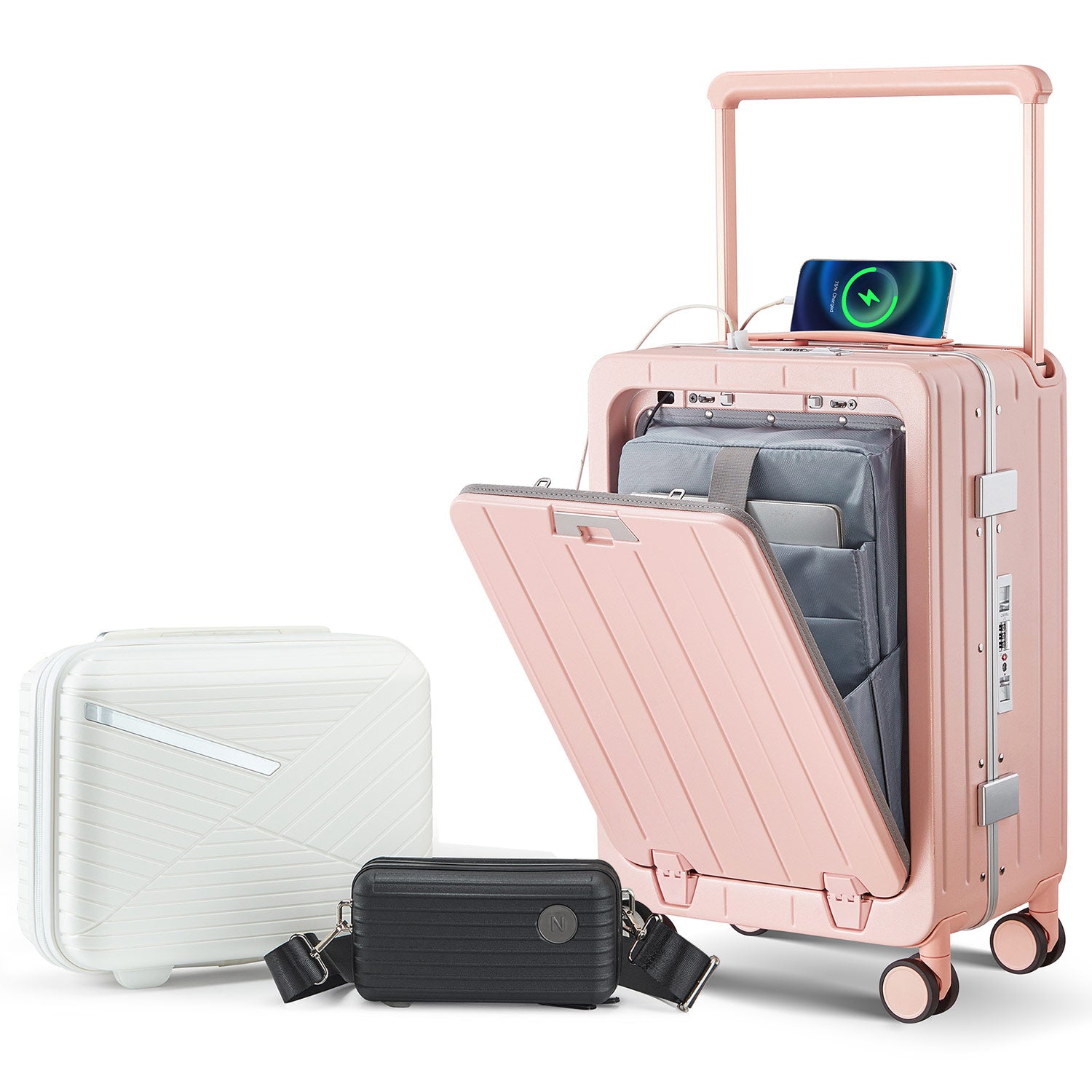 Versatile Aluminum Frame Carry-On Luggage with USB Charging Port, Front Compartment, TSA Lock, Airline Approved Carry On Hardside Suitcase with Spinner Wheels(Pink, 20-lnch)